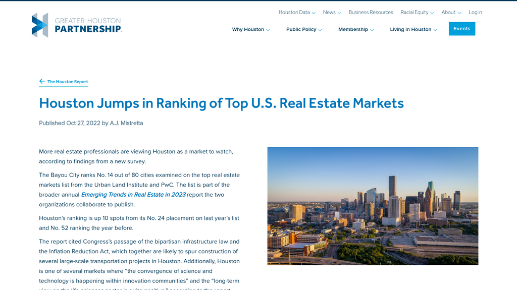 Houston Jumps in Ranking of Top U.S. Real Estate Markets