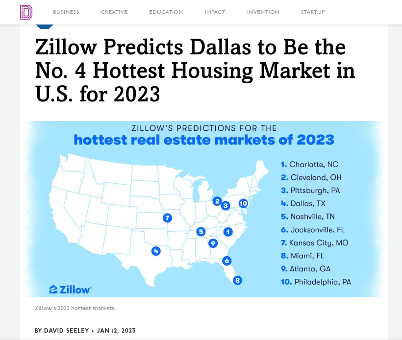 Zillow Predicts Dallas to Be the No. 4 Hottest Housing Market in U.S. for 2023