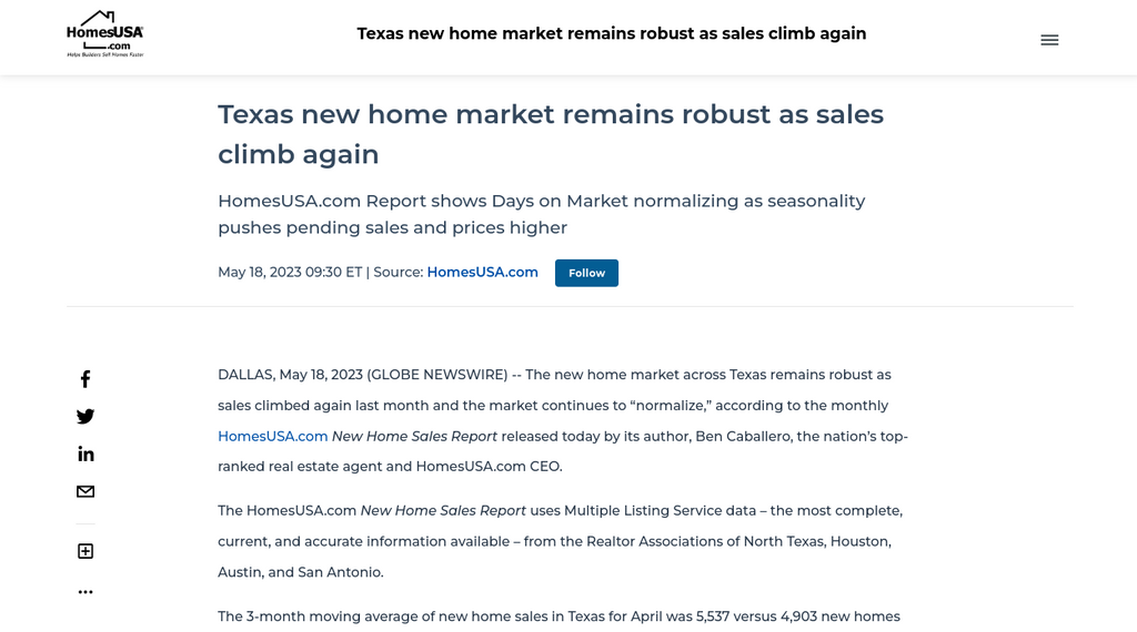 Texas new home market remains robust as sales climb again